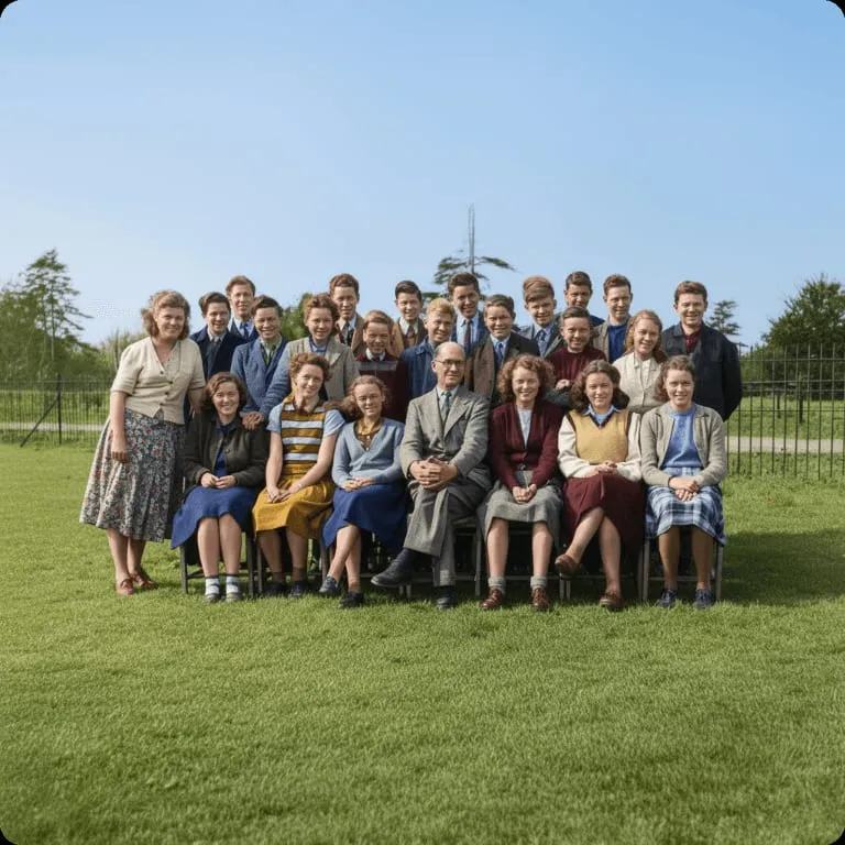Faded black-and-white class photo restored to sharp colour, before and after (Después)