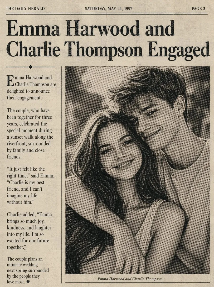 Smiling couple photo turned into a vintage newspaper engagement announcement (After)
