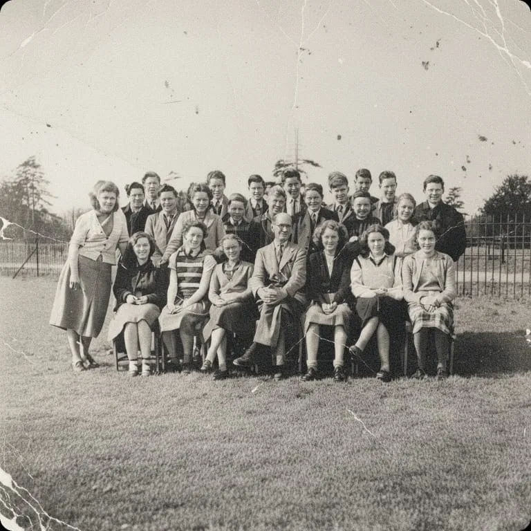 Faded black-and-white class photo restored to sharp colour, before and after (Antes)
