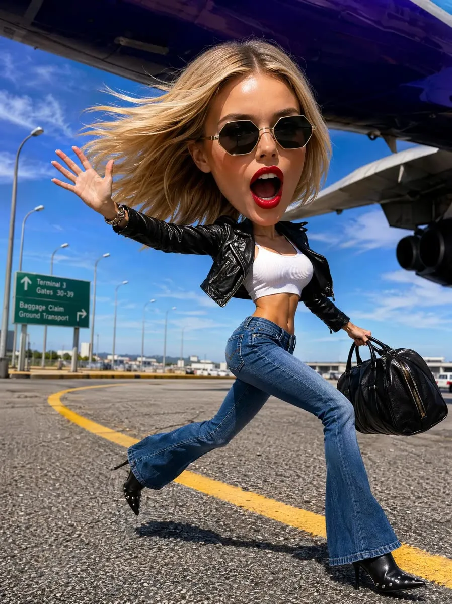 Playful big-head caricature of a woman running through an airport, made with PhotoPilot