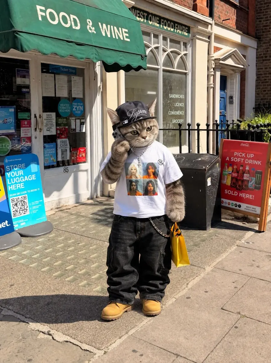 Street photo where the subject was swapped for a cat in a graphic tee, made with PhotoPilot