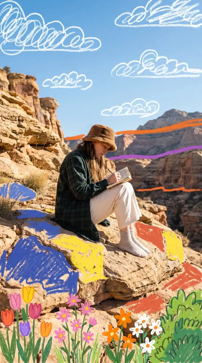 Person reading on a canyon ledge redrawn with crayon clouds and wildflowers, made with PhotoPilot
