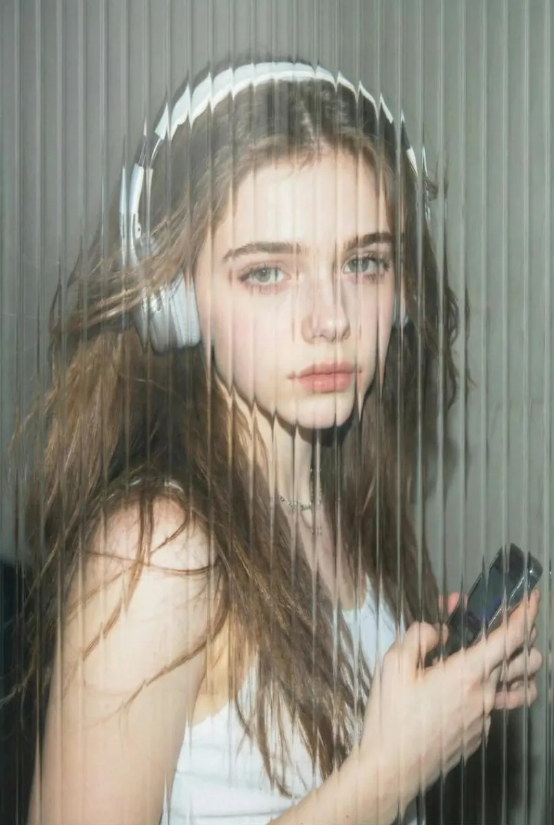 Portrait of a woman with headphones seen through ribbed fluted glass, made with a PhotoPilot template