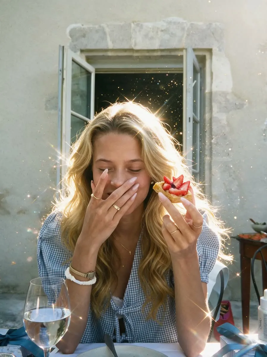 Sunlit portrait of a woman laughing over a pastry at a cafe window, made with PhotoPilot