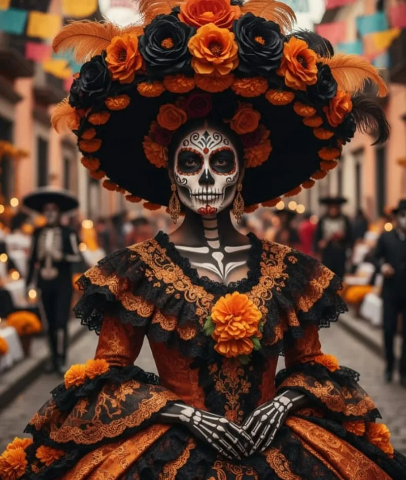 Catrina con sombrero de flores y vestido naranja creada con IA