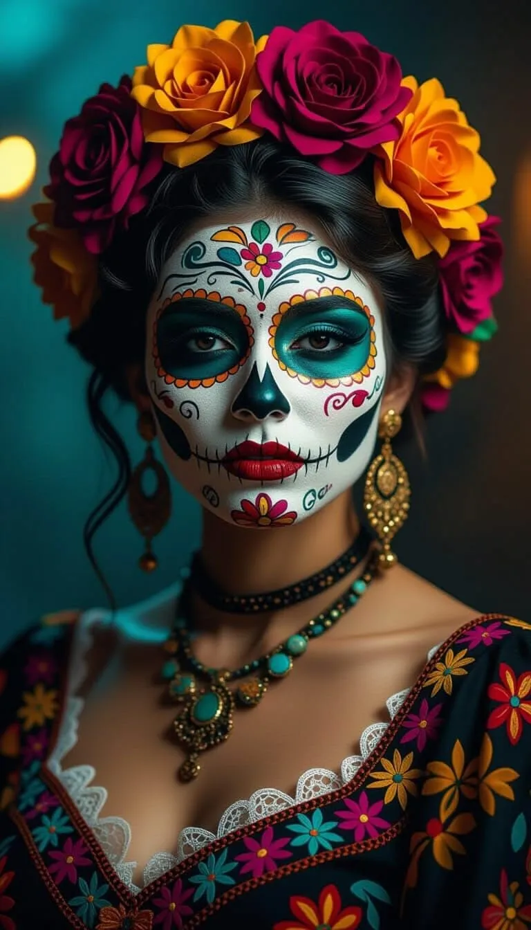 Catrina con ojos turquesa y collar de colores creada con IA