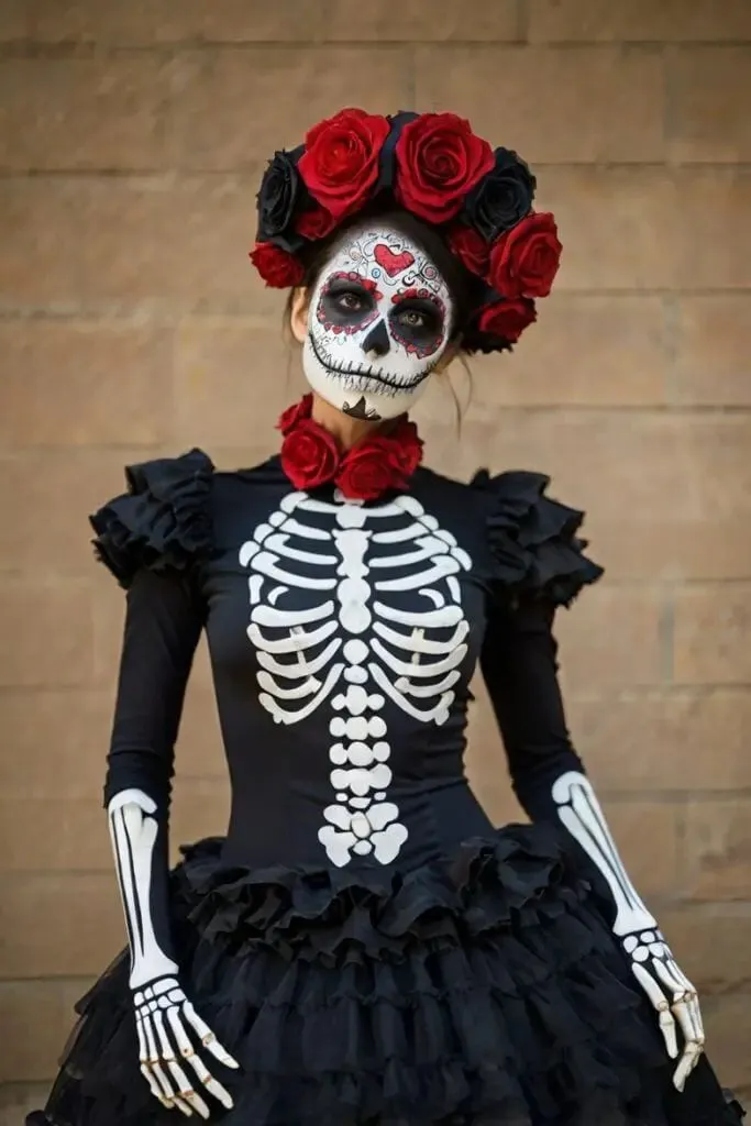 Catrina con corona de rosas rojas y vestido negro de esqueleto