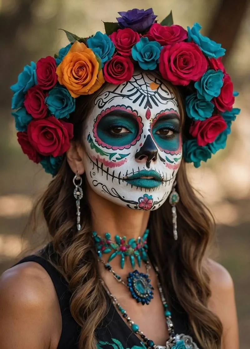 Catrina con corona de rosas rojas y azules y maquillaje turquesa
