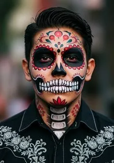 Hombre con maquillaje de calavera y camisa bordada, versión Catrín con IA