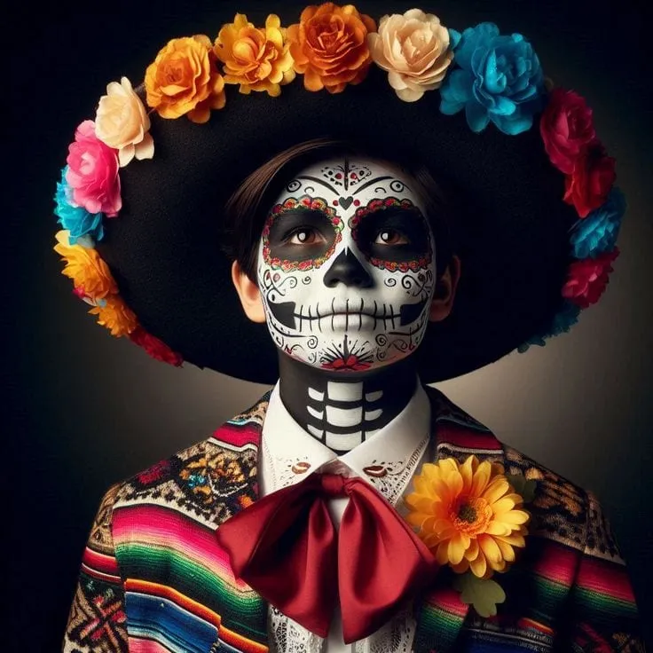 Catrín con sombrero de flores, moño rojo y sarape creado con IA