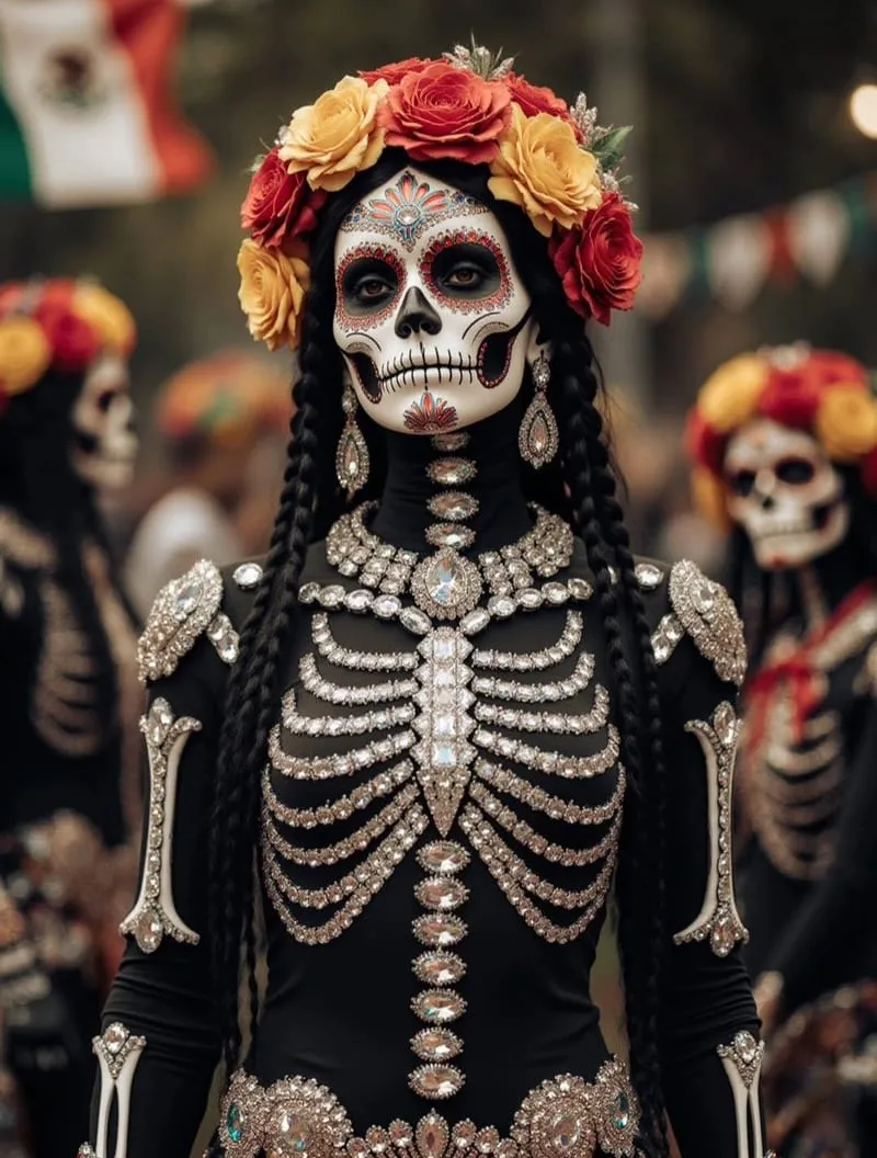 Catrina con trenzas largas y vestido de esqueleto entre calaveras
