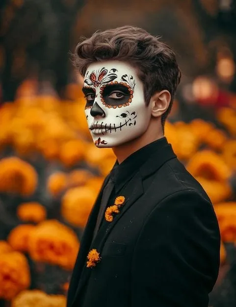 Catrín con maquillaje de calavera entre flores de cempasúchil