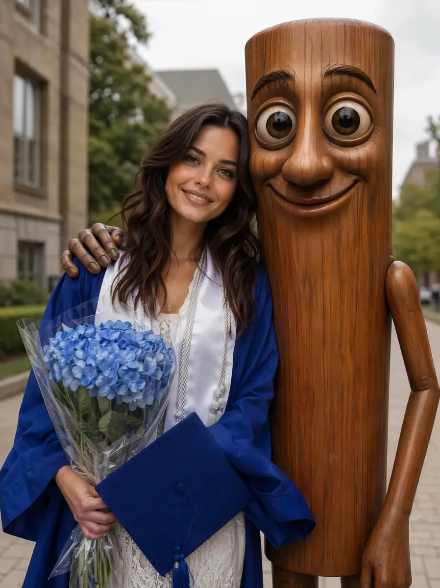 Graduate in a blue gown posing with a smiling wooden character, made with PhotoPilot
