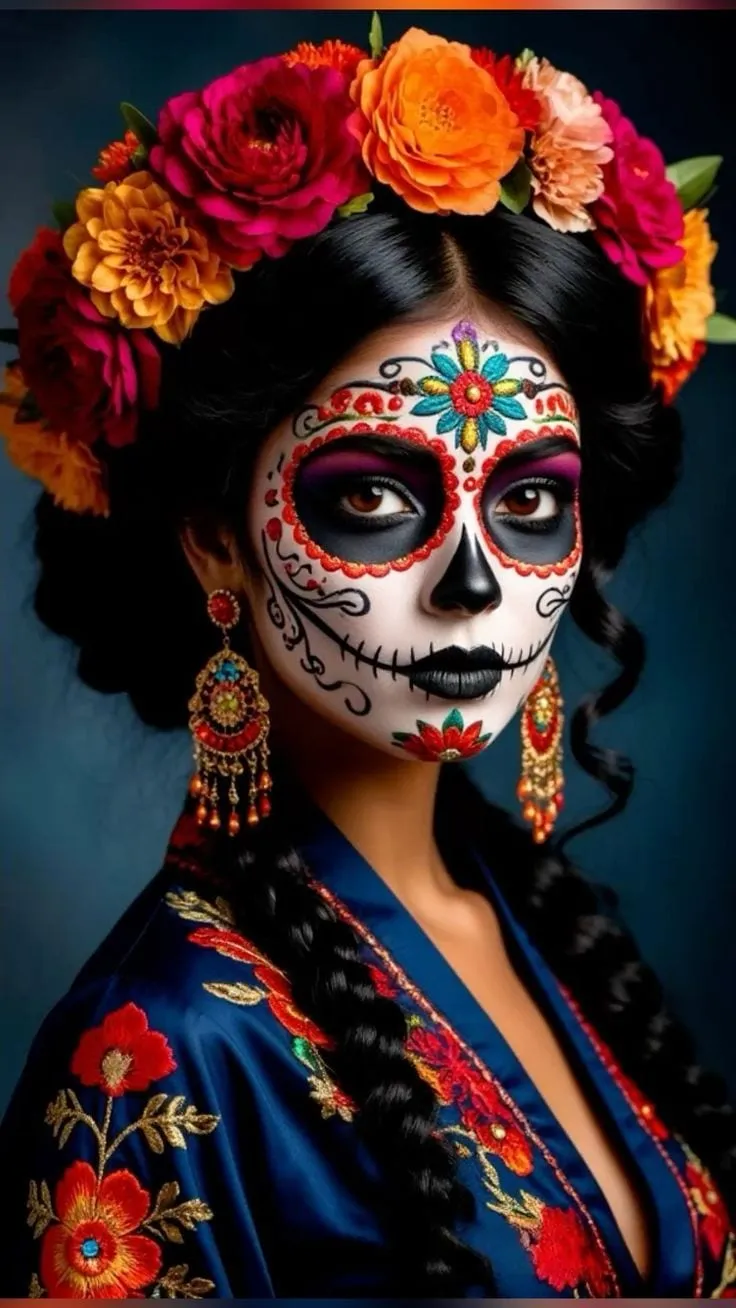 Retrato de una mujer convertida en Catrina con IA: corona de flores y maquillaje de calavera