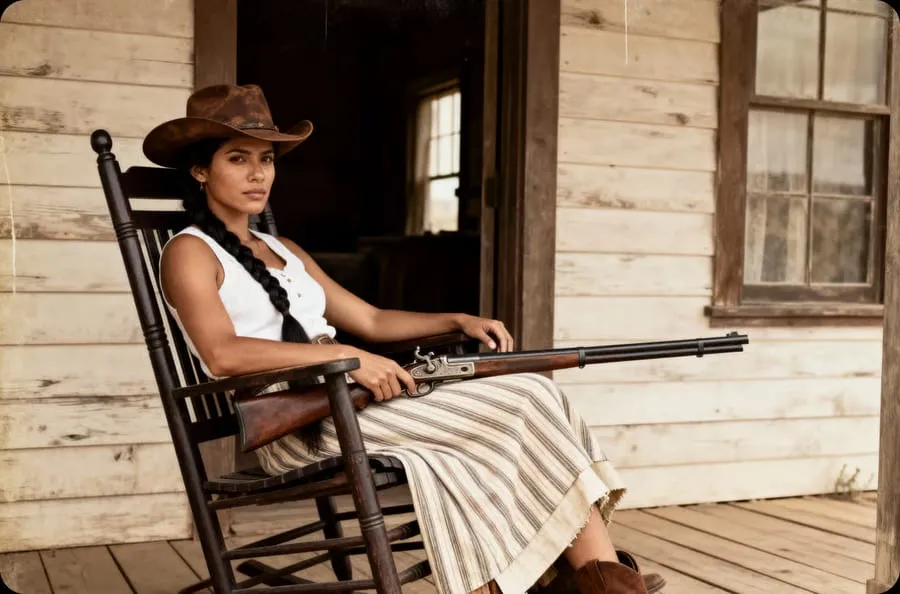Old black-and-white porch portrait of a woman in a rocking chair colourised (After)