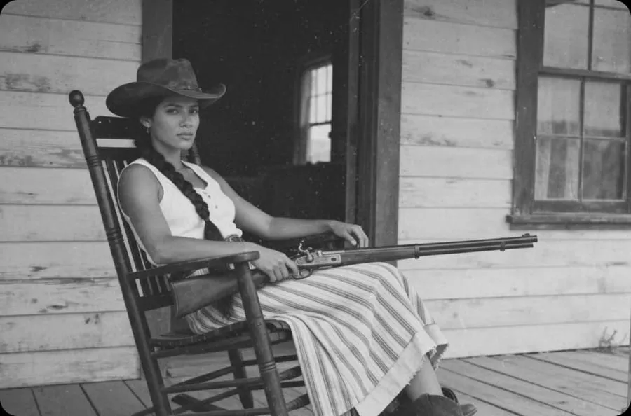 Old black-and-white porch portrait of a woman in a rocking chair colourised (Before)