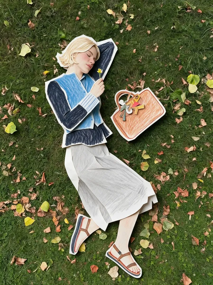 Fashion paper-doll sticker sheet of one woman in many outfits, made with PhotoPilot