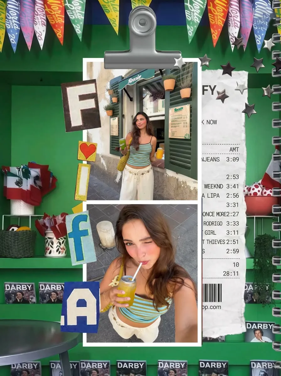 Scrapbook collage of a woman in a green street scene with cut-out photos and receipts, made with PhotoPilot