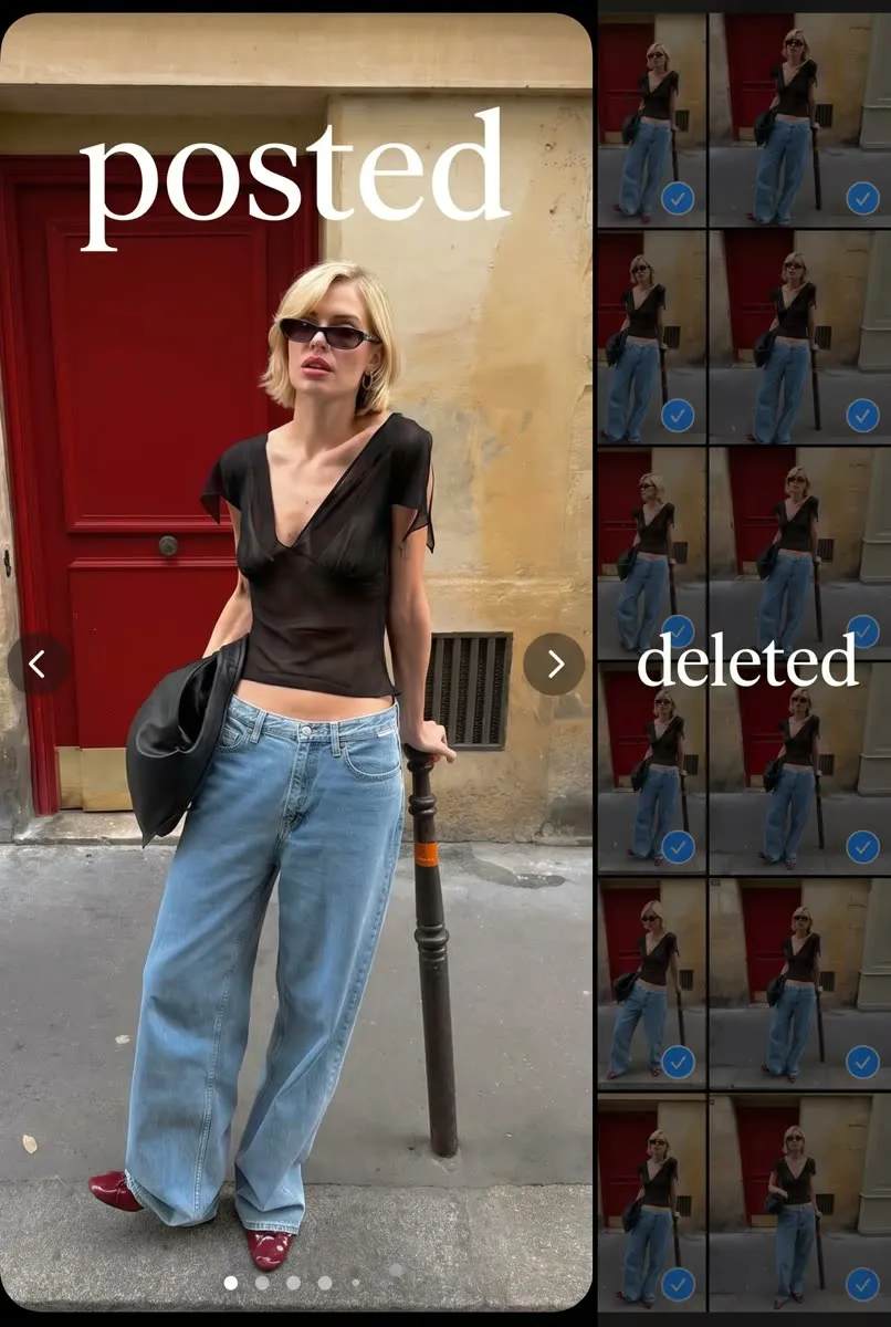 Carousel post of a woman in wide jeans with rejected shots crossed out beside it, made with PhotoPilot