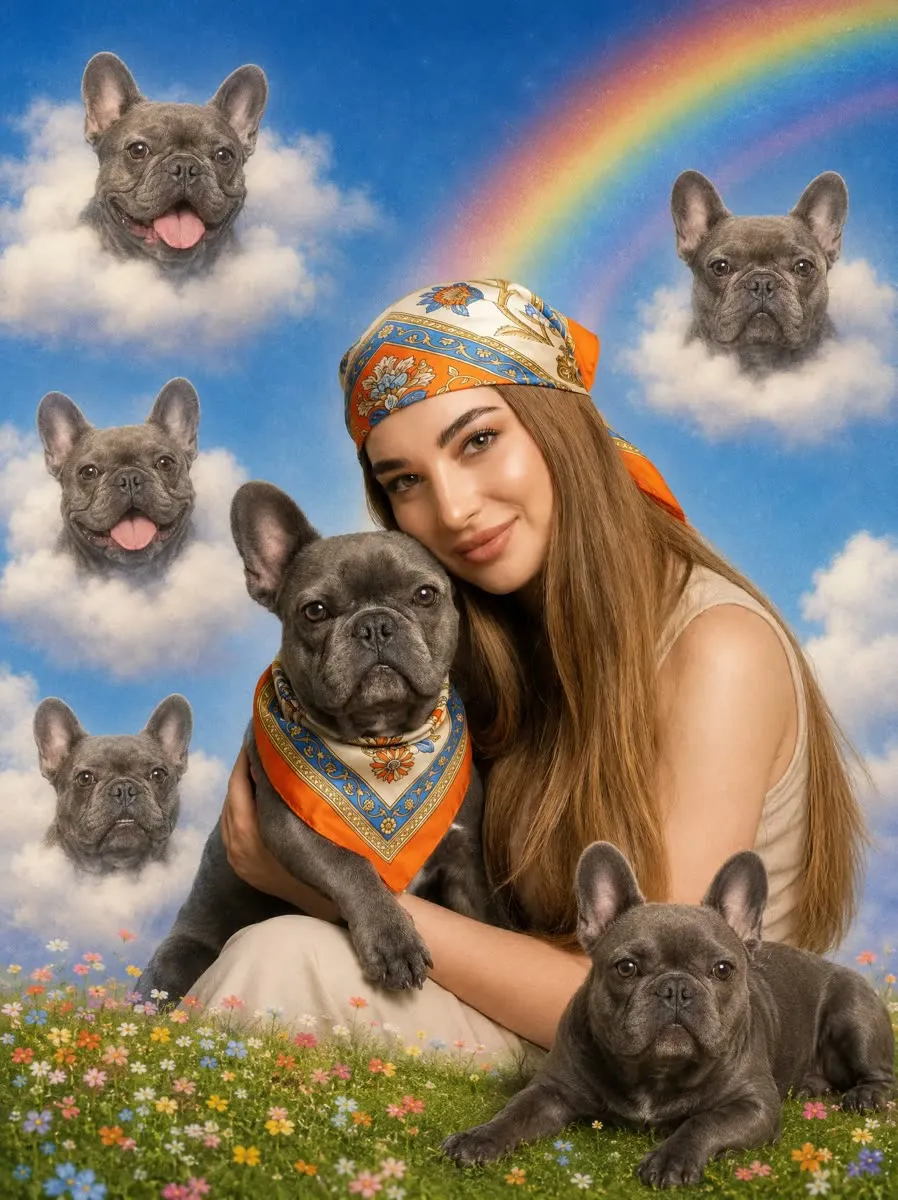 Dreamy portrait of a woman with French bulldogs under a rainbow, made with PhotoPilot
