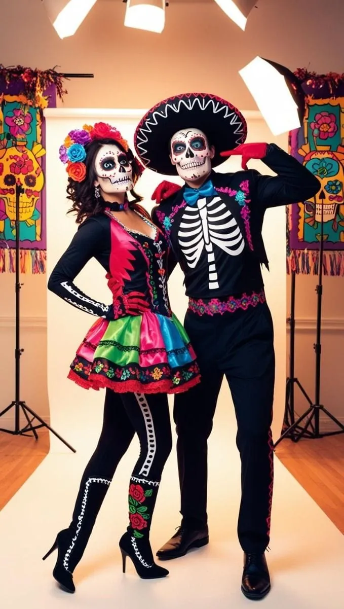 Couple dressed as Catrina and Catrín posing in a studio, made with PhotoPilot
