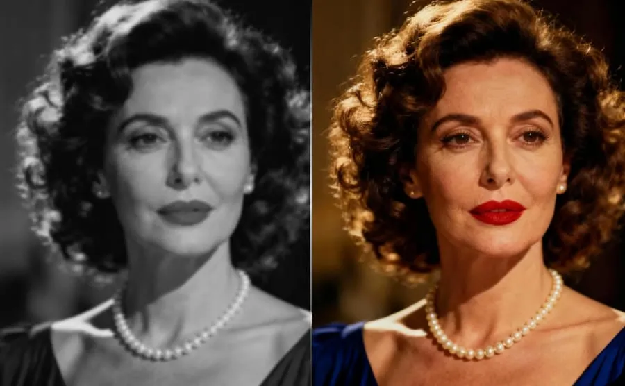 Black-and-white portrait restored and colourised, before and after