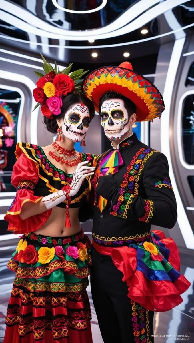 Couple in colourful Catrina and Catrín outfits on a stylised set