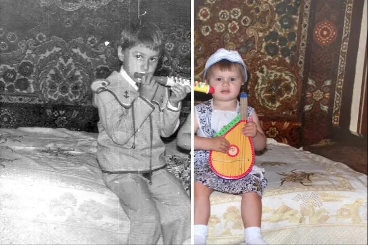 Old black-and-white photo of two children restored and colourised