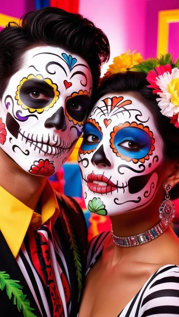 Couple with colourful skull makeup, face to face