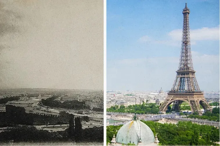 Hazy old photo of Paris restored to a sharp colour view