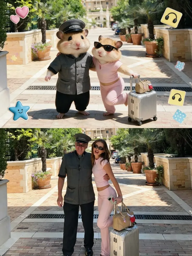 Street photo of a couple turned into Y2K hamster characters