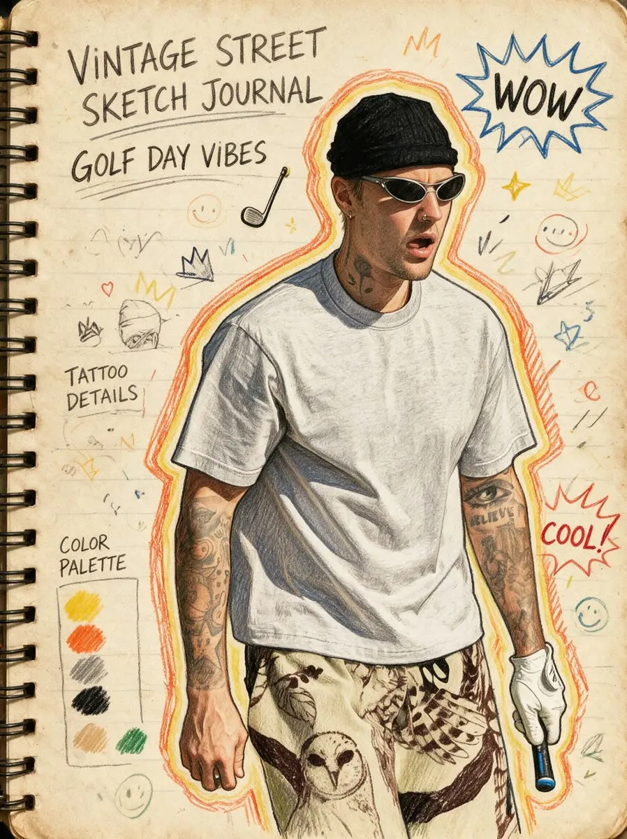 Vintage sketchbook page with an illustrated man and handwritten notes, made with PhotoPilot