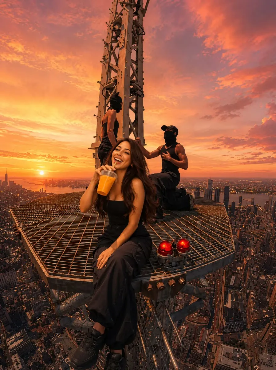 The same skyscraper crane scene re-lit at golden-hour sunset, made with PhotoPilot