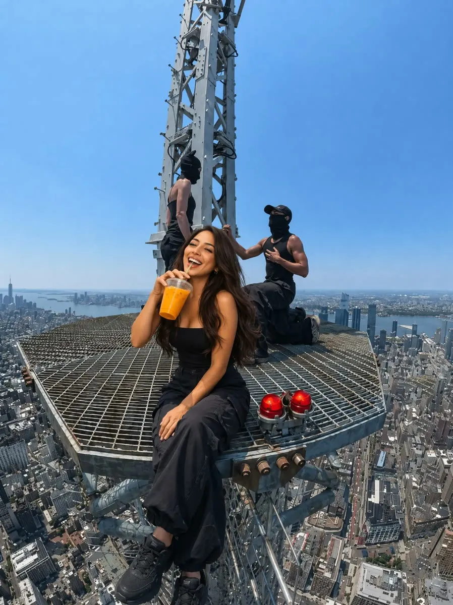 Woman sitting on a skyscraper crane platform in bright daylight, made with PhotoPilot
